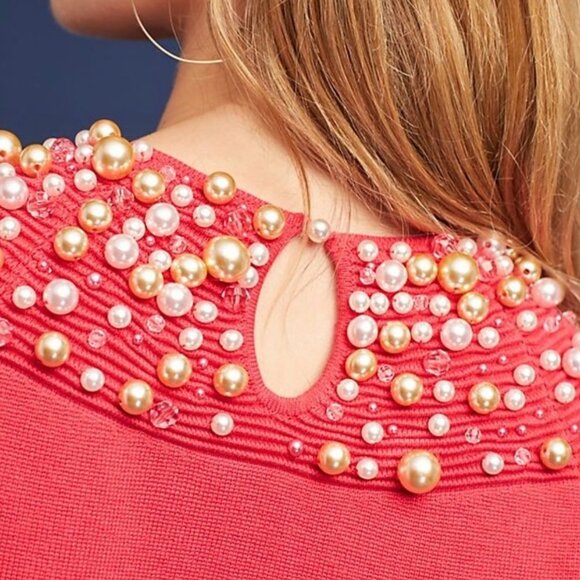 Anthropologie Moth Brienne Pearl Sweater Cap Sleeves Size XS-M Pink/Red - Picture 4 of 15